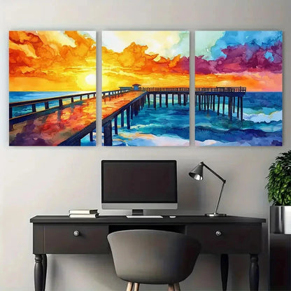 3pcs Tropical Sunset Beach Pier Coastal Design Metal Print Ready to Hang Art