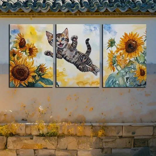 3pcs Cat Is Playing in The Sunflower Field Metal Print Ready to Hang Art