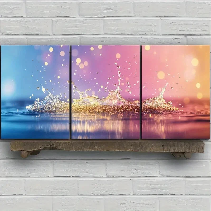 3pcs Beautiful Waves Golden Bubbles Metal Print Ready to Hang Art