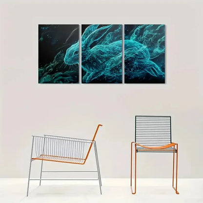 3pcs Vibrant Teal Modern Blue Smoke Effect Animal Metal Print Ready to Hang Art