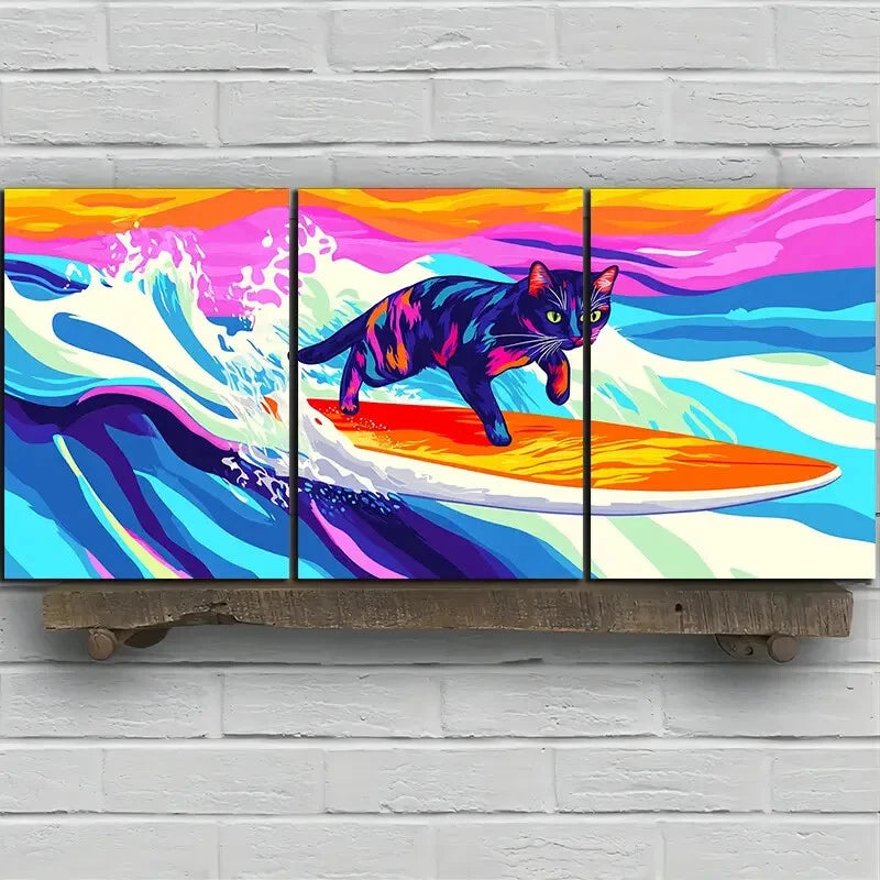 3pcs Multicolor Cat on Surfboard Cat Surfing Metal Print Ready to Hang Art