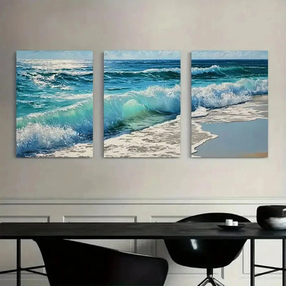 3pcs Ocean Waves on the Beach with Light Blue Metal Print Ready to Hang Art