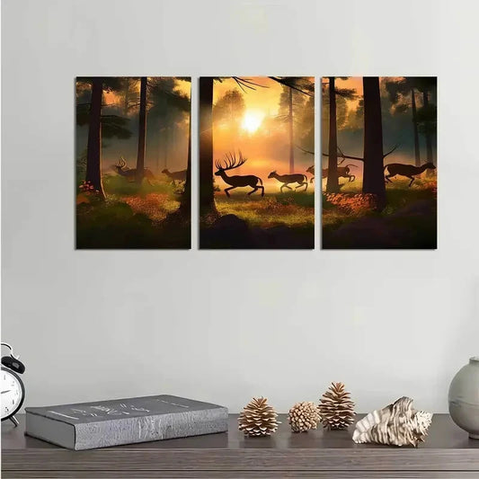 3pcs Warm Forest Deer Wildlife Nature Scenery Metal Print Ready to Hang Art