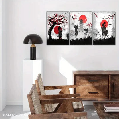 3pcs Japanese Samurai Jousting Decoration Metal Print Ready to Hang Art