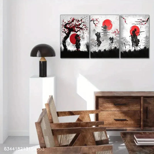 3pcs Japanese Samurai Jousting Decoration Metal Print Ready to Hang Art