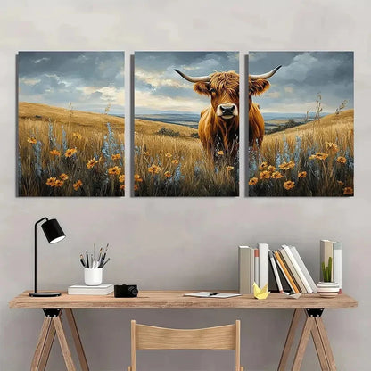 3pcs Highland Cow Country Landscape Photography Metal Print Ready to Hang Art