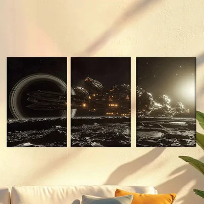 3pcs Starship Illustrations with Planets and Nebulae Wall Art Canvas Unframed - High Quality Print 100% Australian Made Wall Canvas