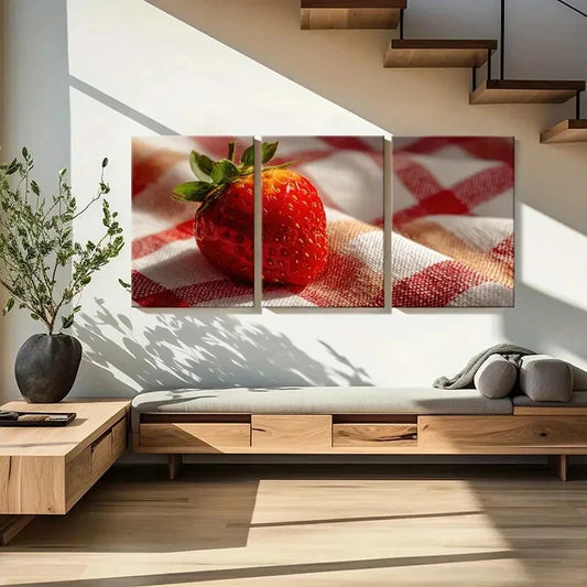 3pcs Fresh Strawberry On Checkered Cloth Metal Print Ready to Hang Art