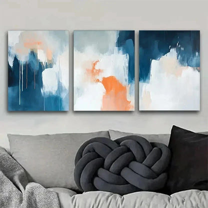 3pcs Blue Orange & White Modern Abstract Wall Art Set Canvas Framed 60x90cm - High Quality Print 100% Australian Made Wall Canvas Ready to Hang