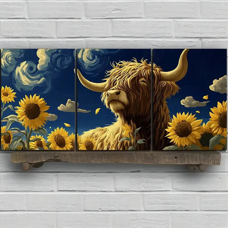 3pcs Sunflowers and Highland Cows Metal Print Ready to Hang Art