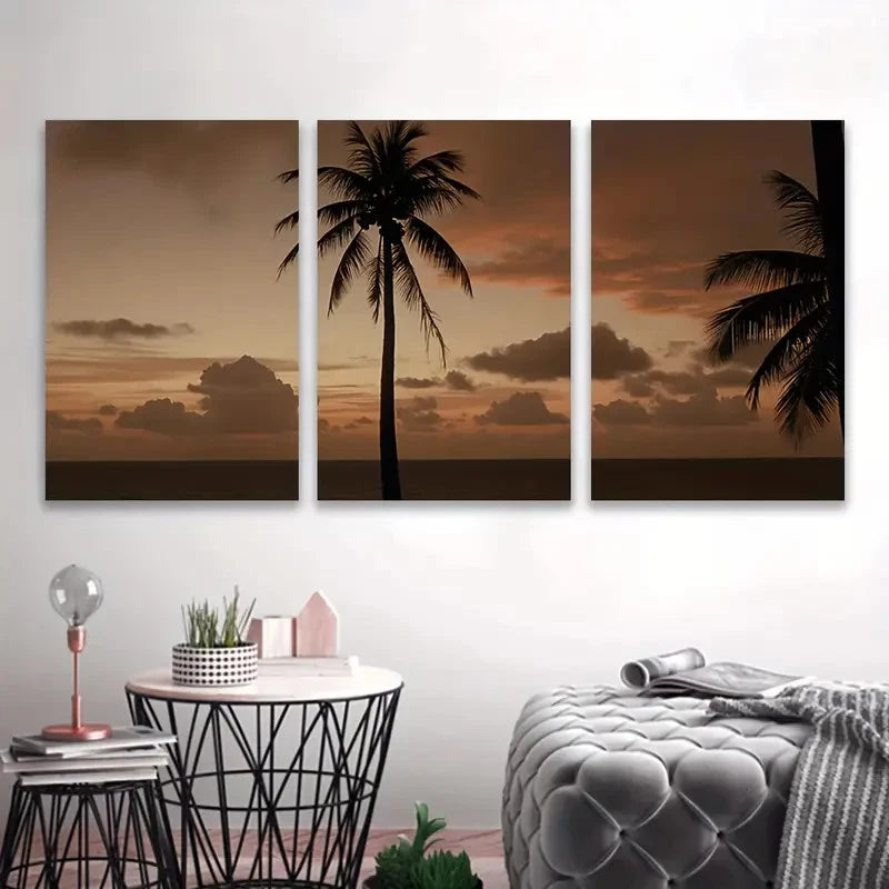 3pcs Tropical Palm Sunset Scene Wall Art Set Canvas Framed 50x70cm - High Quality Print 100% Australian Made Wall Canvas Ready to Hang