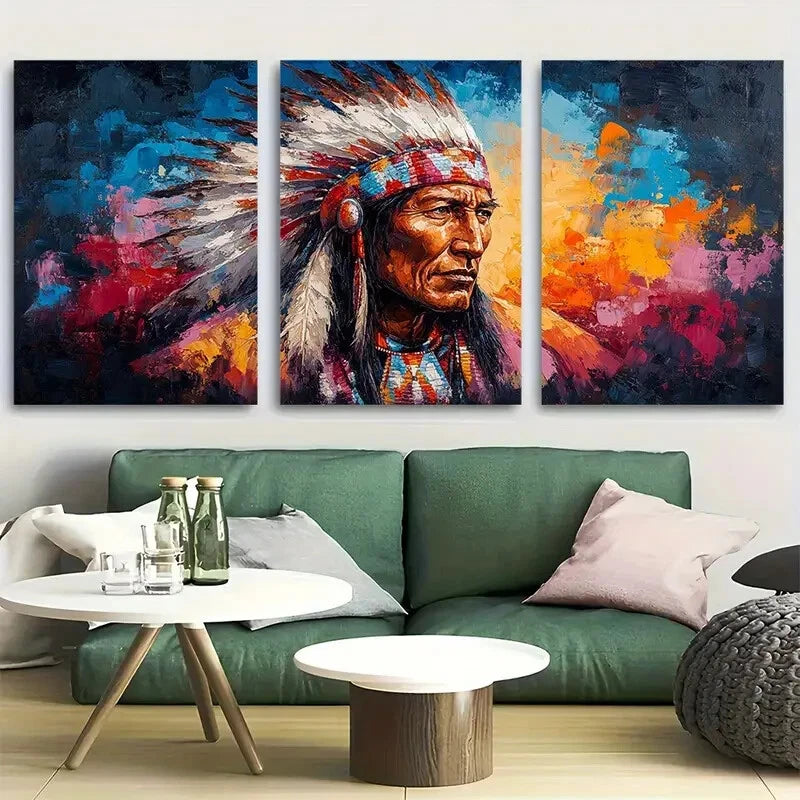 Triptych painting of a Native American figure on a wall above a green sofa.