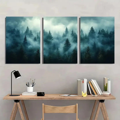 3pcs Misty Pine Forest Modern Nature Metal Print Ready to Hang Art