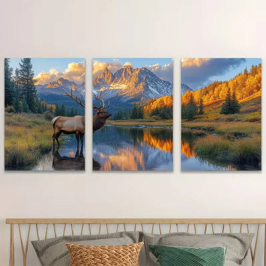 3pcs Rocky Mountain National Park Majestic Elk  Wall Art Set Canvas Framed 60x90cm - High Quality Print 100% Australian Made Wall Canvas Ready to Hang