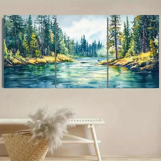 3pcs Deschutes River Oregon Pine Trees River Shore Metal Print Ready to Hang Art