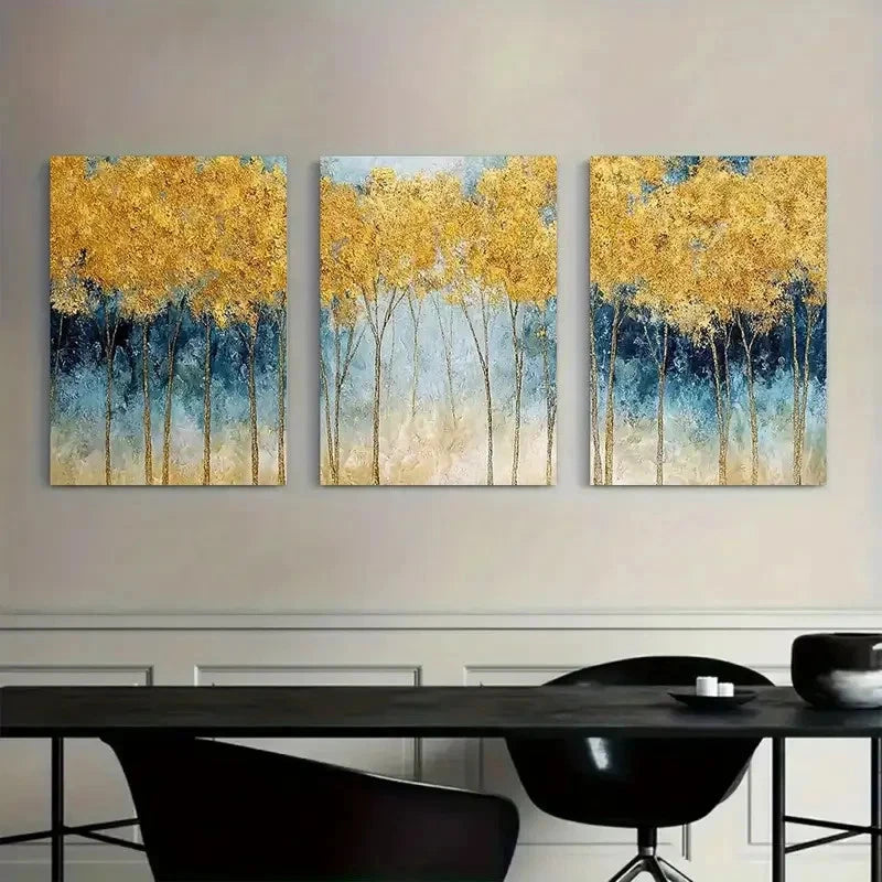3pcs Golden Forest Landscape with Blue Accents Metal Print Ready to Hang Art