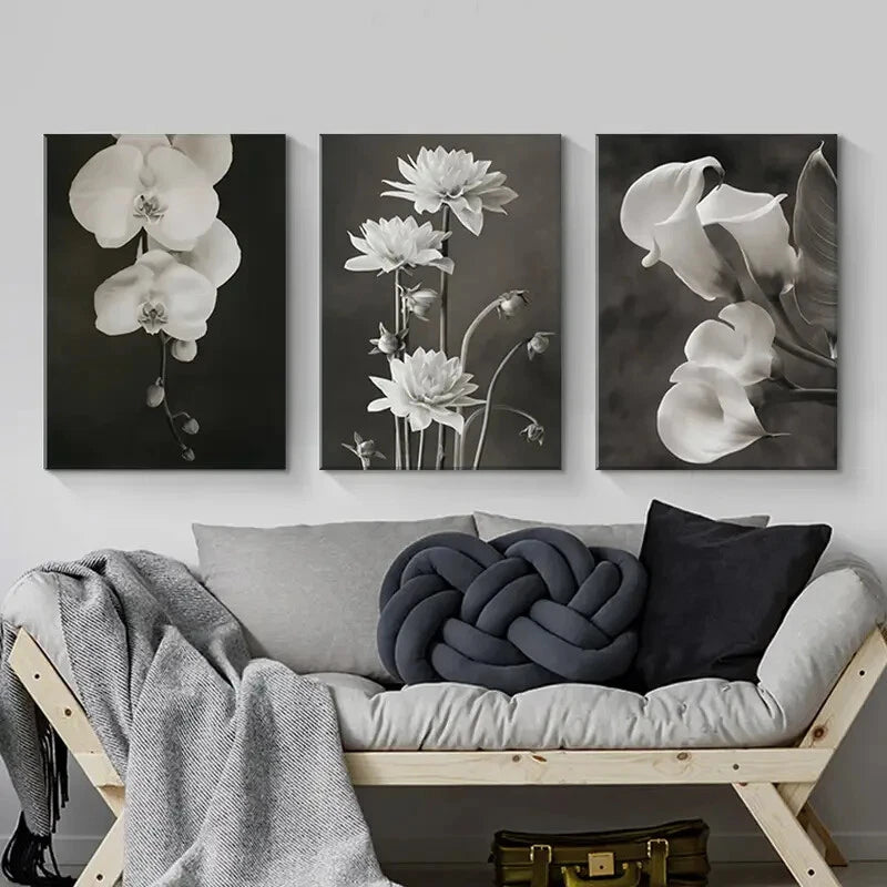 3pcs Black And White Wall Art Print Flower Metal Print Ready to Hang Art