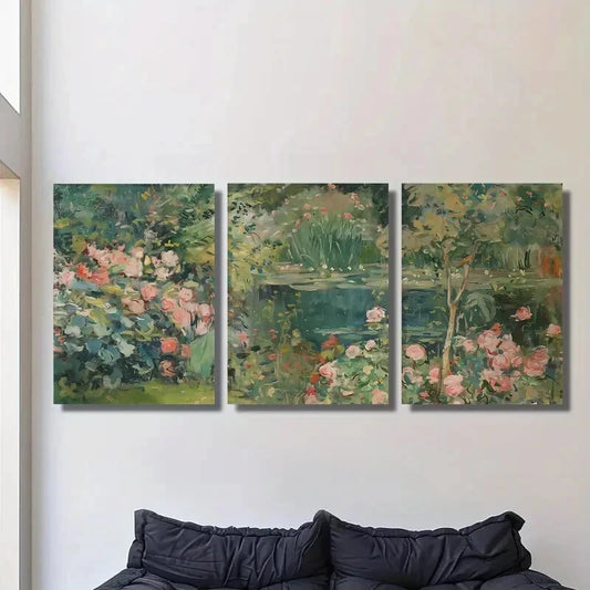 3pcs Traditional Garden Pond Oil Painting, Monet Metal Print Ready to Hang Art