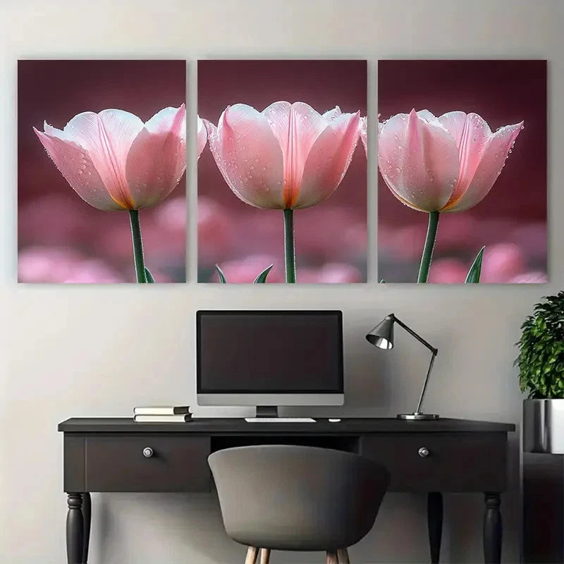 3pcs Blush Pink Tulip Soft Floral Illustration Metal Print Ready to Hang Art