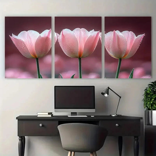 3pcs Blush Pink Tulip Soft Floral Illustration Metal Print Ready to Hang Art