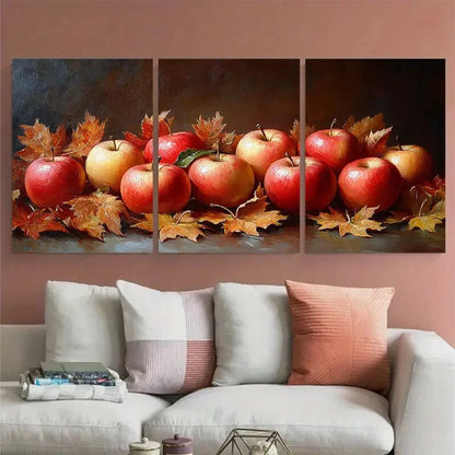 3pcs Still Life with Apples and Autumn Leaves Metal Print Ready to Hang Art