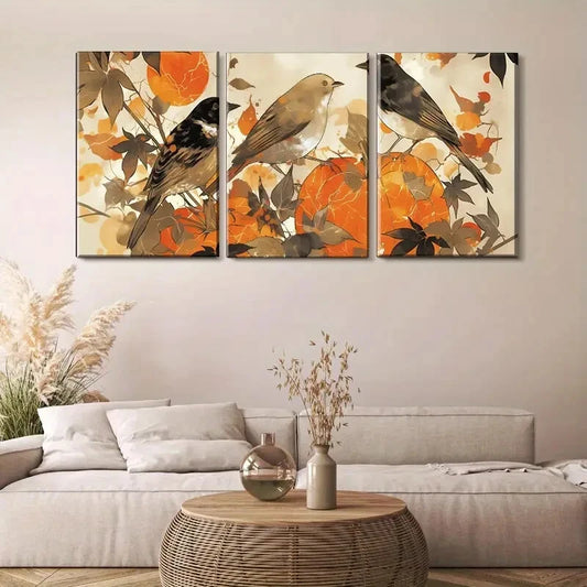 3pcs Birds and Autumn Leaves Elegant Perfect Wall Art Set Canvas Framed 40x60cm - High Quality Print 100% Australian Made Wall Canvas Ready to Hang