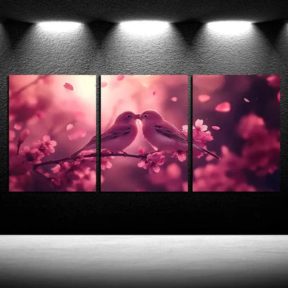 3pcs Romantic Birds on Branch Pink Illustration Metal Print Ready to Hang Art