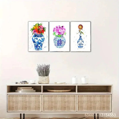 3pcs Blue and White Porcelain Floral Decoration Metal Print Ready to Hang Art