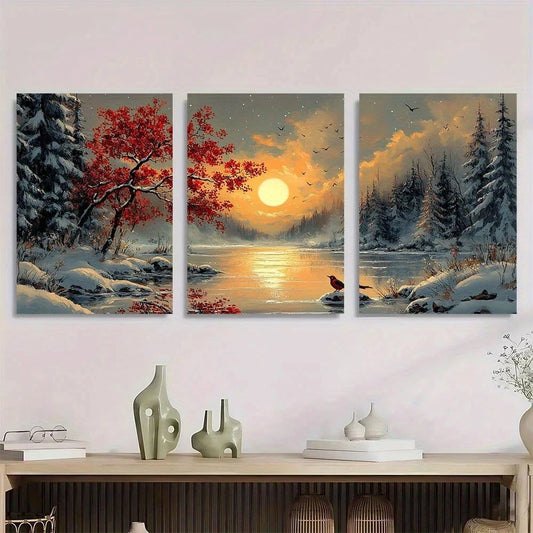 3pcs Winter Wonderland Snowy Tree Birds and Sunset Metal Print Ready to Hang Art