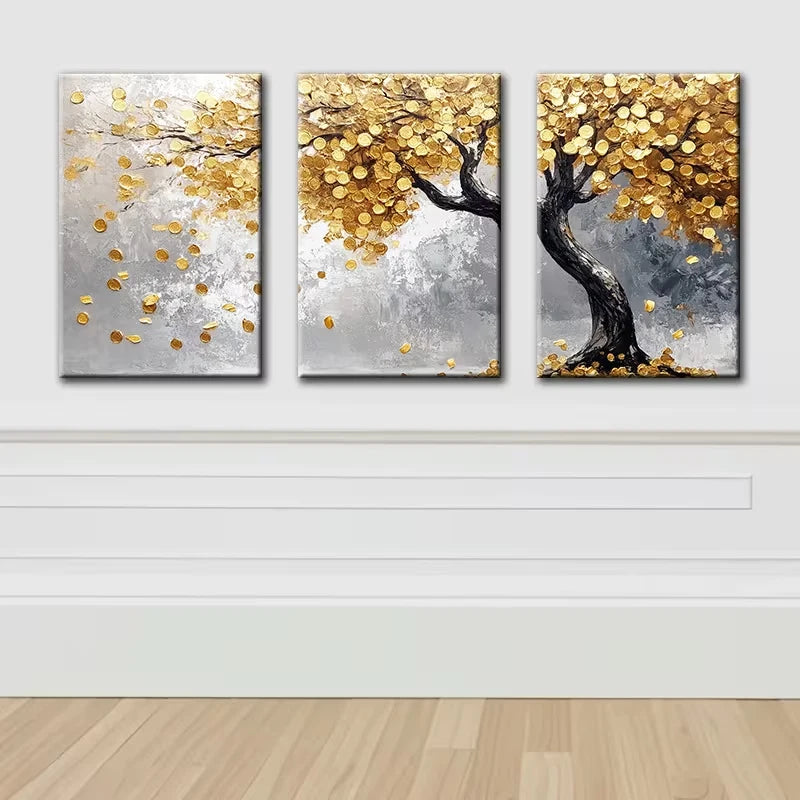 3pcs Luxurious Golden Leaf Tree Illustration Wall Art Set Canvas Framed 40x60cm - High Quality Print 100% Australian Made Wall Canvas Ready to Hang