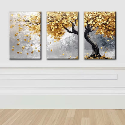3pcs Luxurious Golden Leaf Tree Illustration Wall Art Set Canvas Framed 40x60cm - High Quality Print 100% Australian Made Wall Canvas Ready to Hang