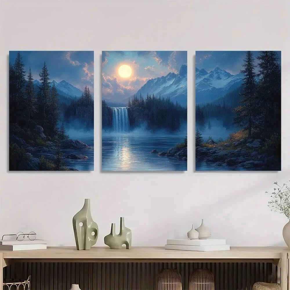 3pcs Moonlit River Mountain Waterfall Nature Metal Print Ready to Hang Art