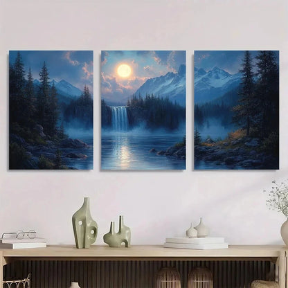 3pcs Moonlit River Mountain Waterfall Nature Metal Print Ready to Hang Art
