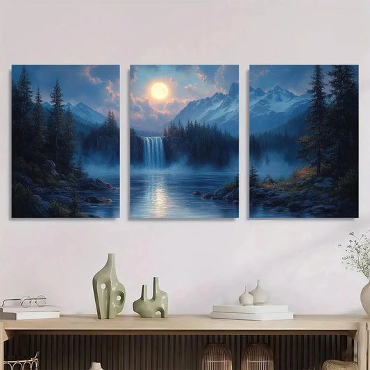 3pcs Moonlit River Mountain Waterfall Nature Metal Print Ready to Hang Art