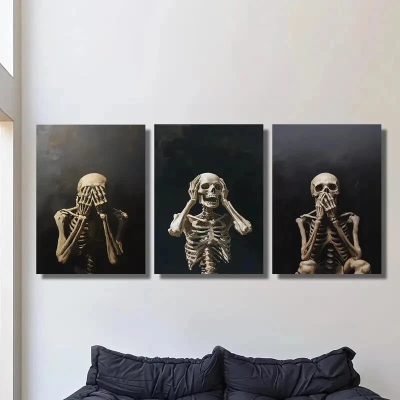 3pcs Skeleton posture creativity, shyness, fear Metal Print Ready to Hang Art