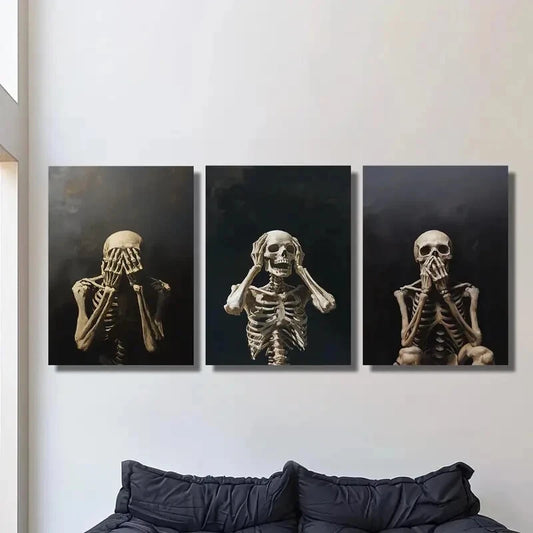 3pcs Skeleton posture creativity, shyness, fear Metal Print Ready to Hang Art