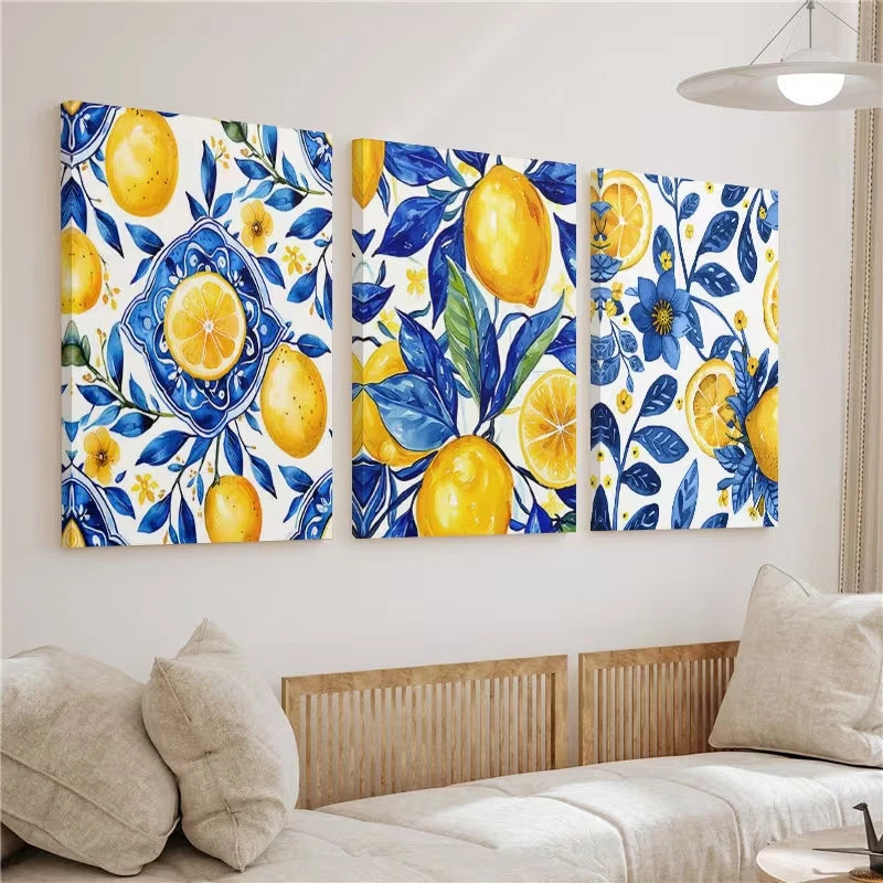 3pcs Blue Yellow Lemon Painting Wall Art Set Canvas Framed 60x90cm - High Quality Print 100% Australian Made Wall Canvas Ready to Hang