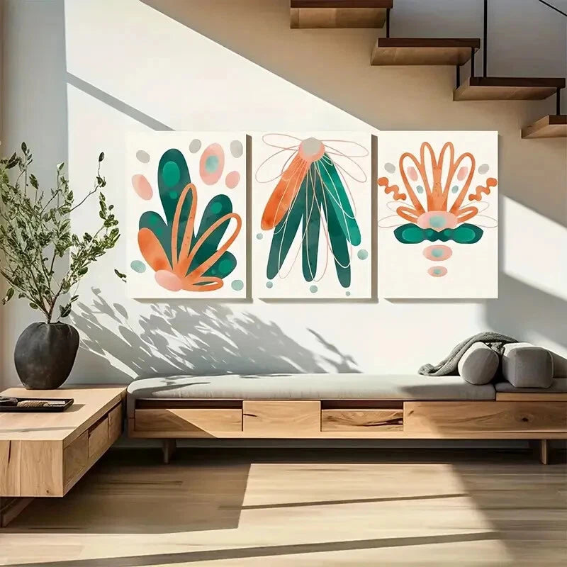 3pcs Vibrant Green Orange Boho Design  Metal Print Ready to Hang Art