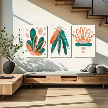 3pcs Vibrant Green Orange Boho Design  Metal Print Ready to Hang Art