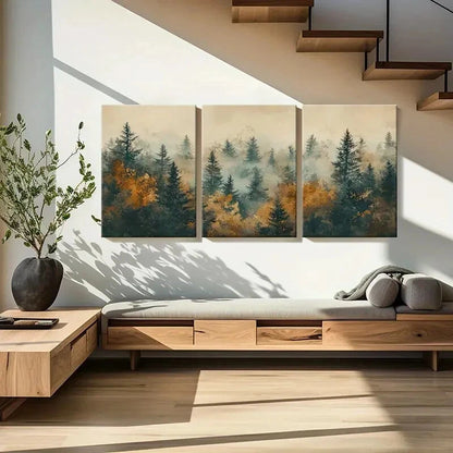 3pcs Misty Forest Silhouettes Autumn Colors Metal Print Ready to Hang Art