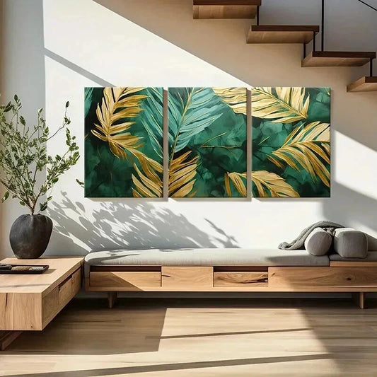 3pcs Green And Gold Art Tropical Palm Leaves Wall Art Set Canvas Framed 40x60cm - High Quality Print 100% Australian Made Wall Canvas Ready to Hang