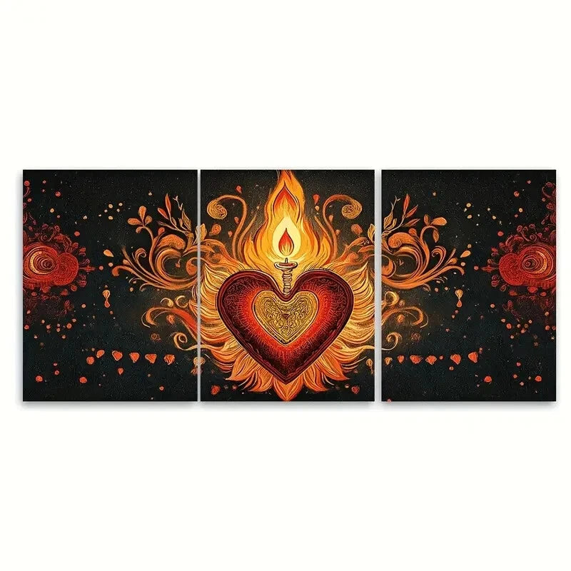 3pcs Sacred Heart Red & Golden Folk Wall Art Metal Print Ready to Hang Art