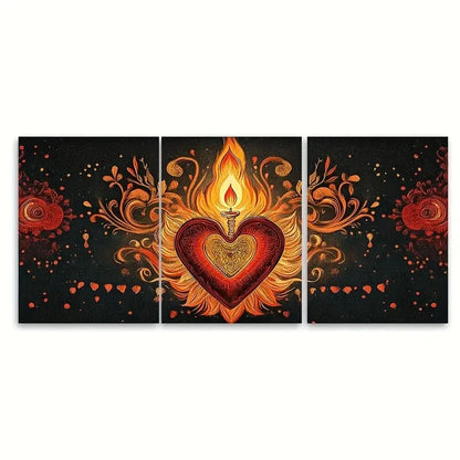 3pcs Sacred Heart Red & Golden Folk Wall Art Metal Print Ready to Hang Art