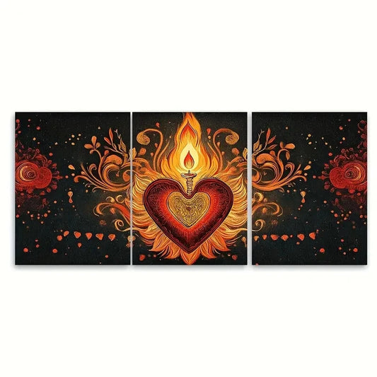 3pcs Sacred Heart Red & Golden Folk Wall Art Metal Print Ready to Hang Art