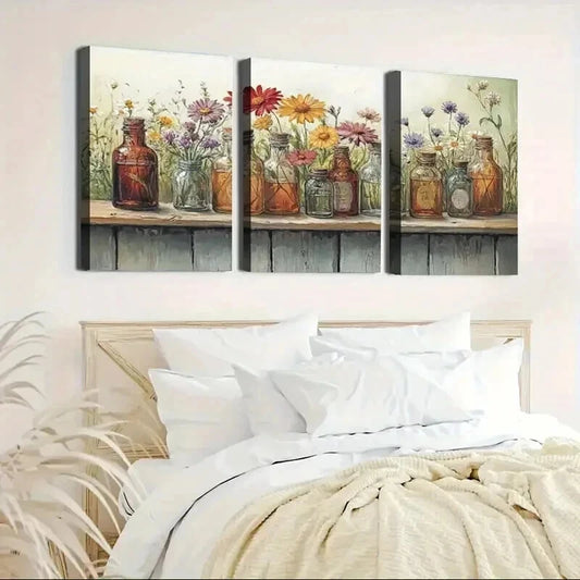 3pcs Vibrant Botanical Colorful Flowers Wall Art Set Canvas Framed 50x70cm - High Quality Print 100% Australian Made Wall Canvas Ready to Hang