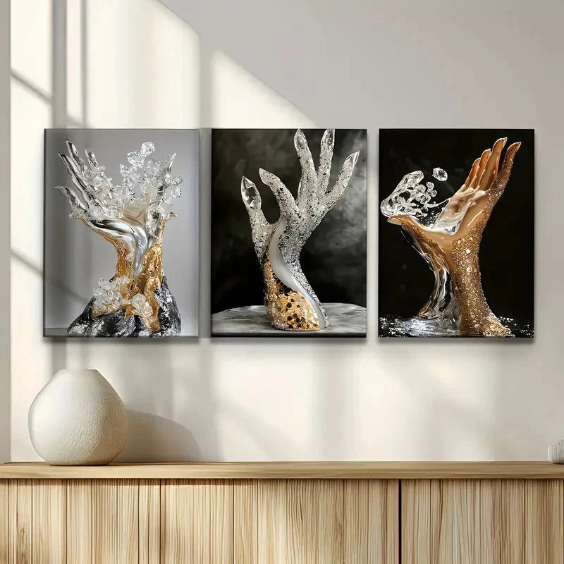 3pcs Golden and Silvery Hand-Carved Metal Print Ready to Hang Art