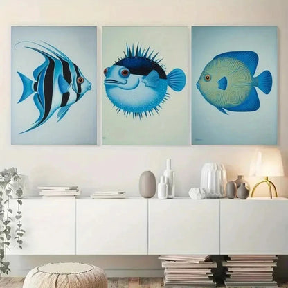 3pcs Blue Fish Animal Decorative Painting Metal Print Ready to Hang Art