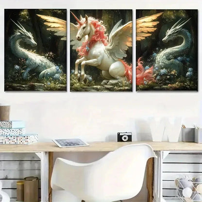 3pcs Unicorn with Wings and Dragons Perfect Wall Art Set Canvas Framed 40x60cm - High Quality Print 100% Australian Made Wall Canvas Ready to Hang