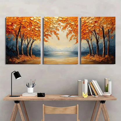 Three-panel painting of autumn trees over a lake above a desk with books and a lamp.