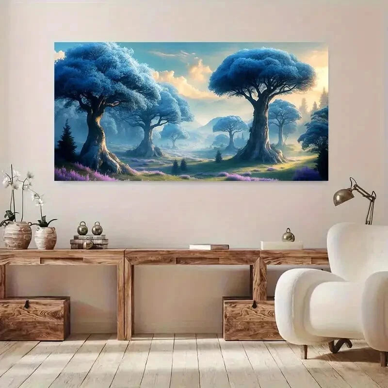 Blue Trees Misty Mountains wall canvas office home room framed 120x60cm - Bella Home Decor